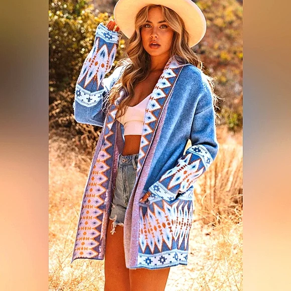 Chic Blue Aztec Cardigan Sweater Boutique Item - Picture 3 of 13